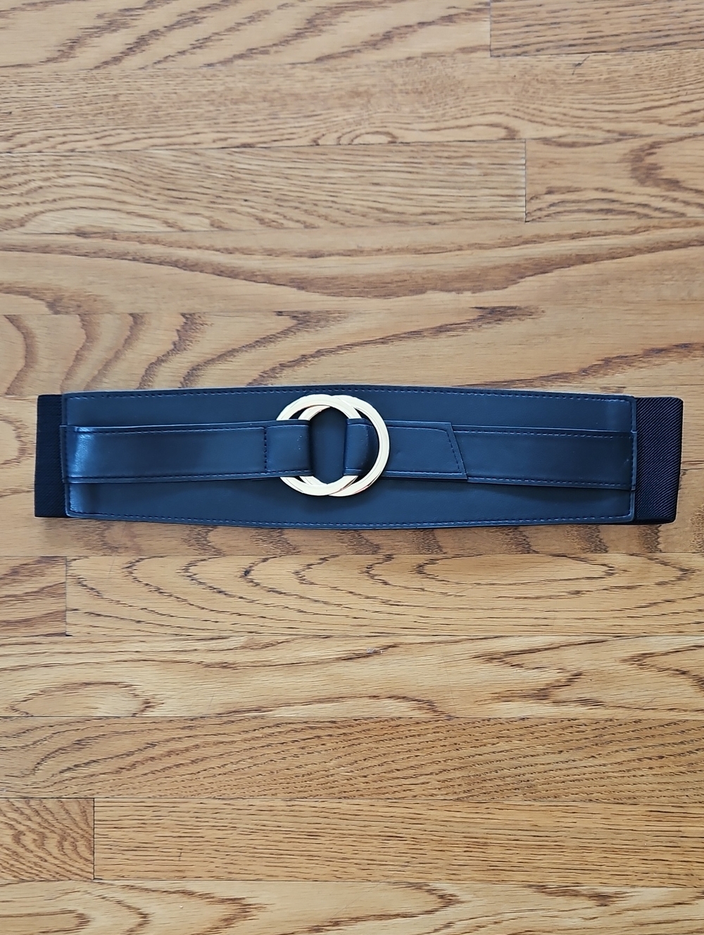 Wide Black Women's Fashion Belt with Gold Ring Buckle